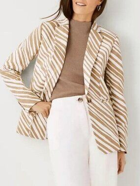 New Ann Taylor Stretch Cotton Animal Print Blazer White Tan 14, L $169